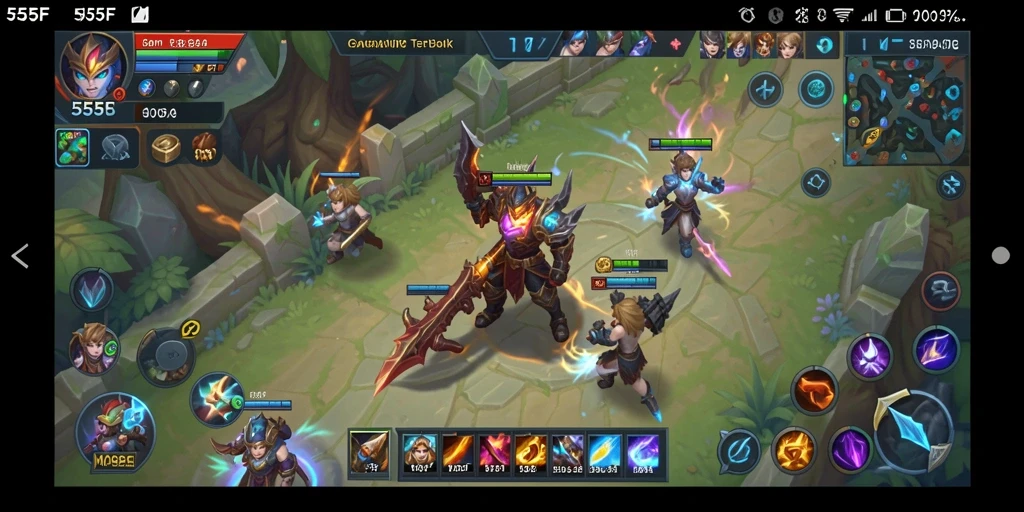 Screenshot gameplay <strong>555F</strong> menampilkan pertarungan tim yang epik dalam arena.
