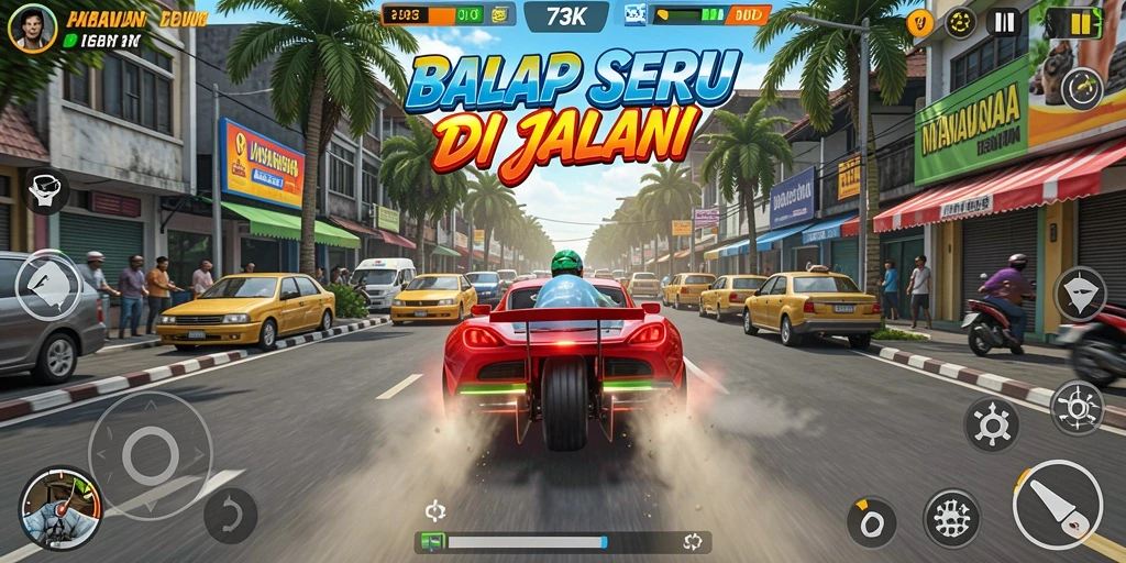 Tampilan gameplay <strong>73K</strong> yang menegangkan saat balapan di trek yang beragam.