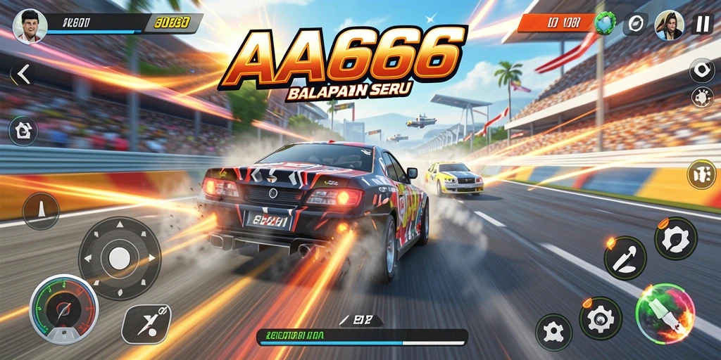 Screenshot utama menunjukkan mobil balap di lintasan dengan kecepatan tinggi.
