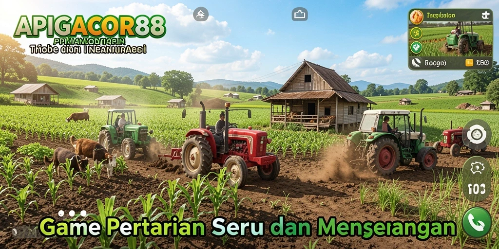 Gameplay seru APIGACOR88 dengan petani dan ladang luas.