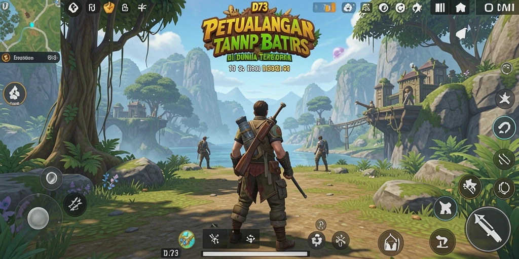 Tangkapan layar D73 menampilkan petualangan eksplorasi di dunia terbuka.