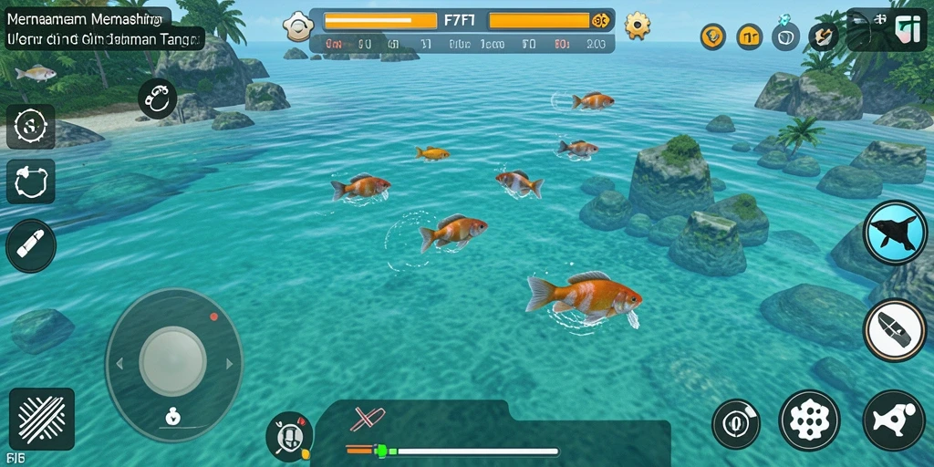 Tampilan utama gameplay F7F7 yang menampilkan aksi memancing yang seru.