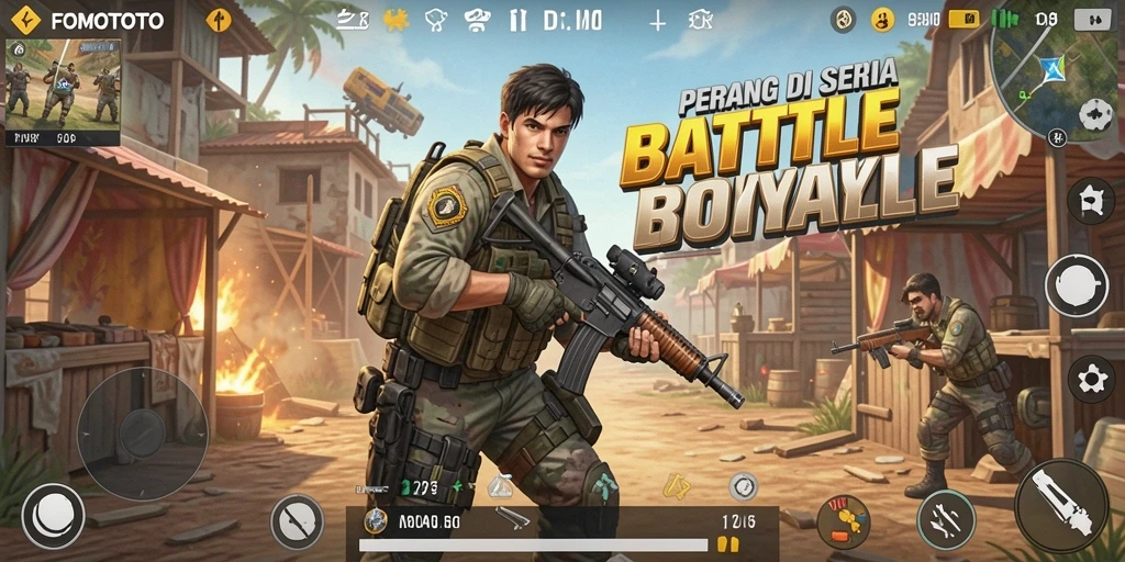 Tangkapan layar gameplay FOMOTOTO yang menampilkan pertempuran intens Battle Royale.